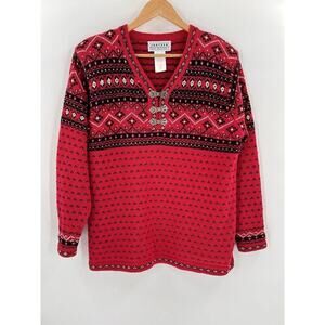 Vintage Jantzen Petite Large V Neck Silk Clasp Red Fair Isle Design Sweater EUC